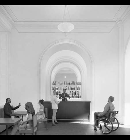 Black and white image of people sitting at tables with a bar in the background
