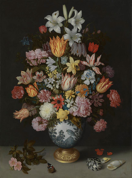 Ambrosius Bosschaert the Elder, 'A Still Life of Flowers in a Wan-Li Vase on a Ledge with further Flowers, Shells and a Butterfly', 1609-10