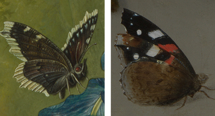 Detail from Paulus Theodorus van Brussel, 'Flowers in a Vase', 1792 (left) and Detail from Ambrosius Bosschaert the Elder, 'A Still Life of Flowers in a Wan-Li Vase', 1609-10 (right)