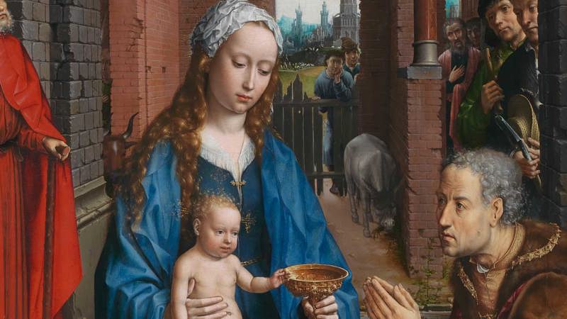 Detail of Jan Gossaert (Jean Gossart), 'The Adoration of the Kings', 1510–15. A baby sitting on his mother's lap.
