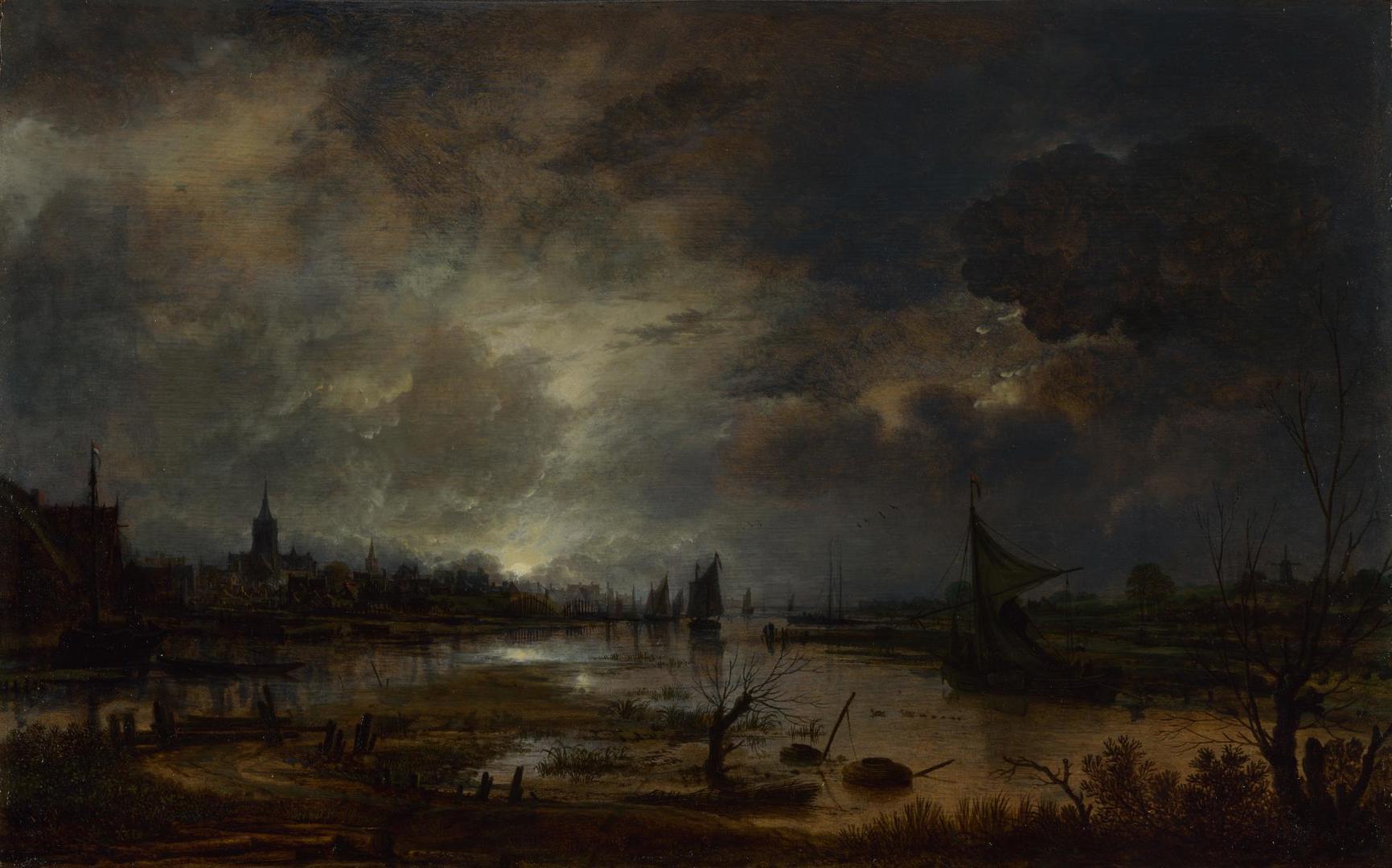 A River near a Town, by Moonlight by Aert van der Neer
