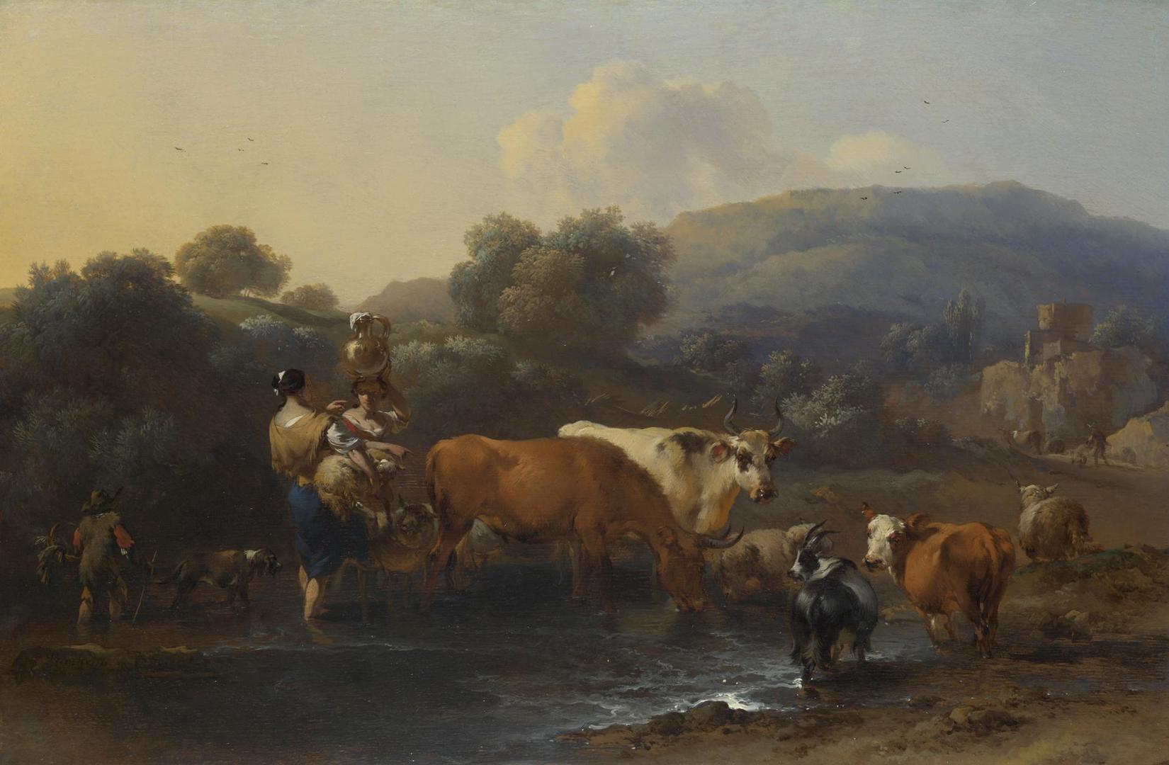 Peasants with Cattle fording a Stream by Nicolaes Berchem