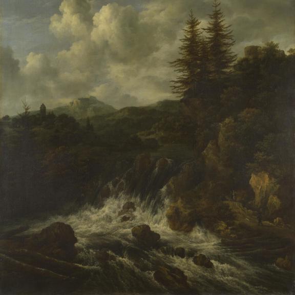 A Landscape with a Waterfall and a Castle on a Hill