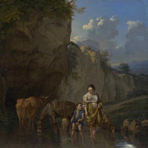 A Woman and a Boy with Animals at a Ford