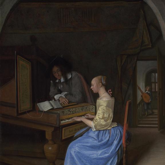 A Young Woman playing a Harpsichord to a Young Man