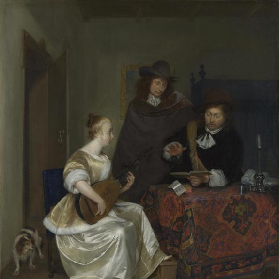 A Woman playing a Lute to Two Men