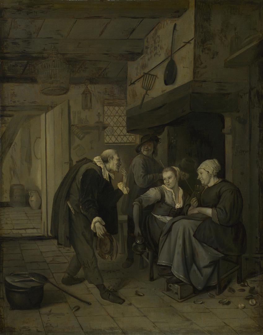 An Itinerant Musician saluting Two Women in a Kitchen by After Jan Steen