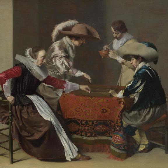 Two Men playing Tric-trac, with a Woman scoring