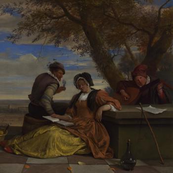 Two Men and a Young Woman making Music on a Terrace