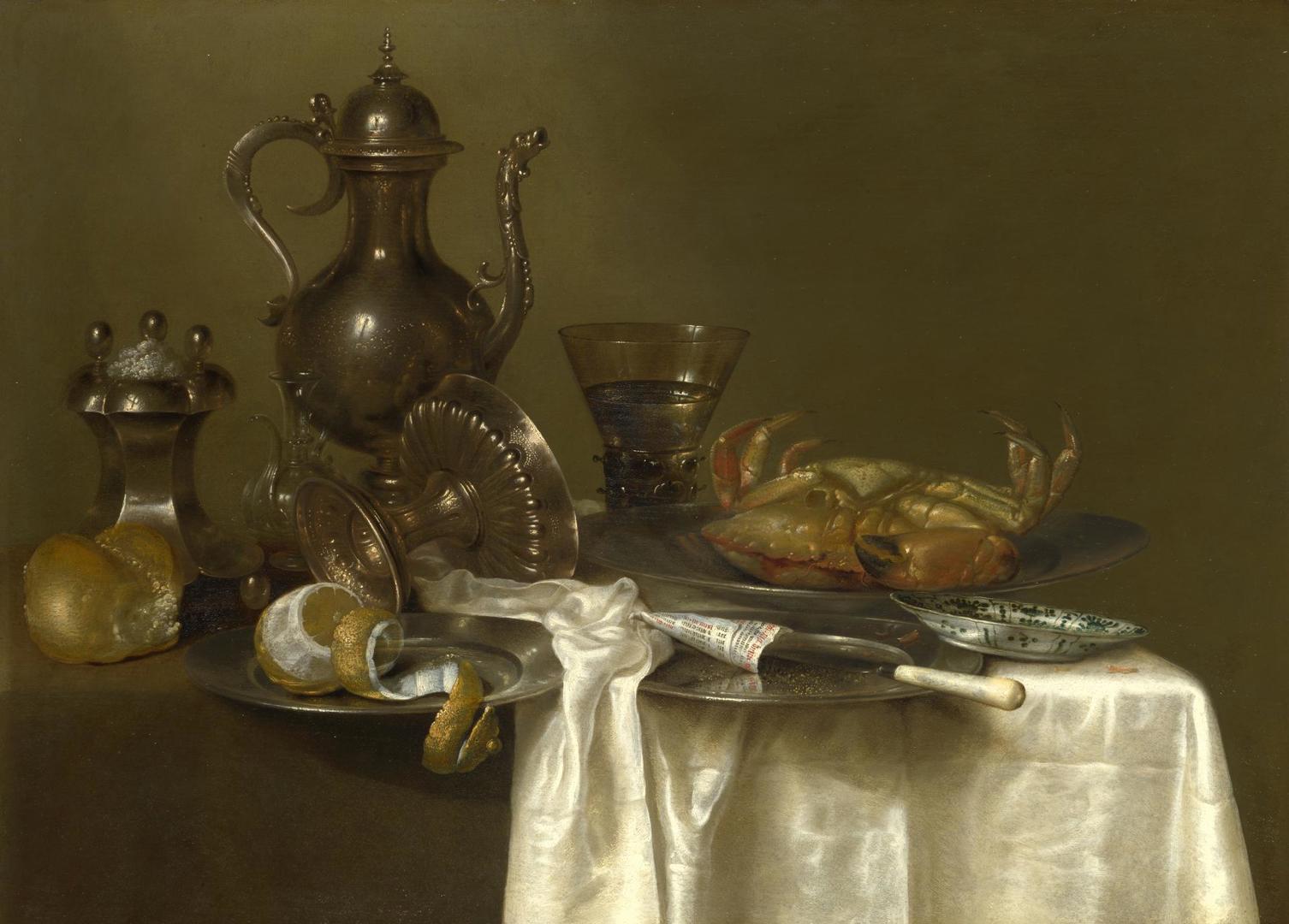 Still Life: Pewter and Silver Vessels and a Crab by Willem Claesz. Heda