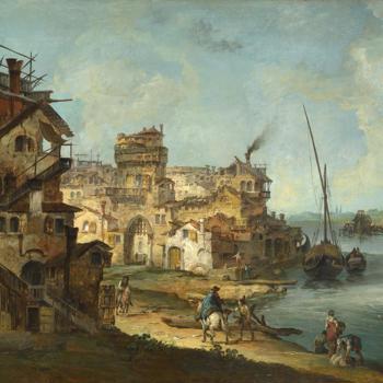 Buildings and Figures near a River with Shipping