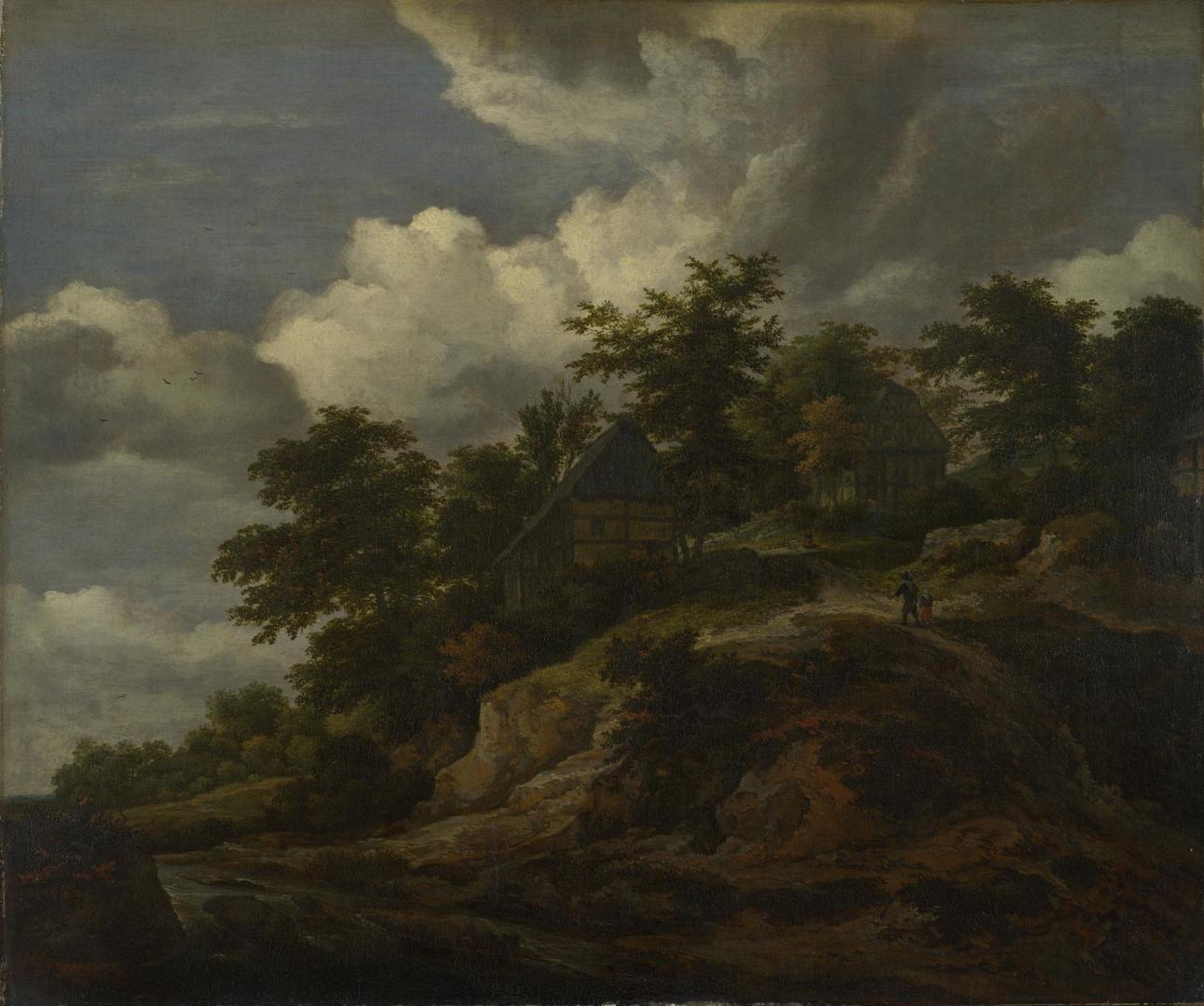 A Rocky Hill with Three Cottages, a Stream at its Foot by Jacob van Ruisdael