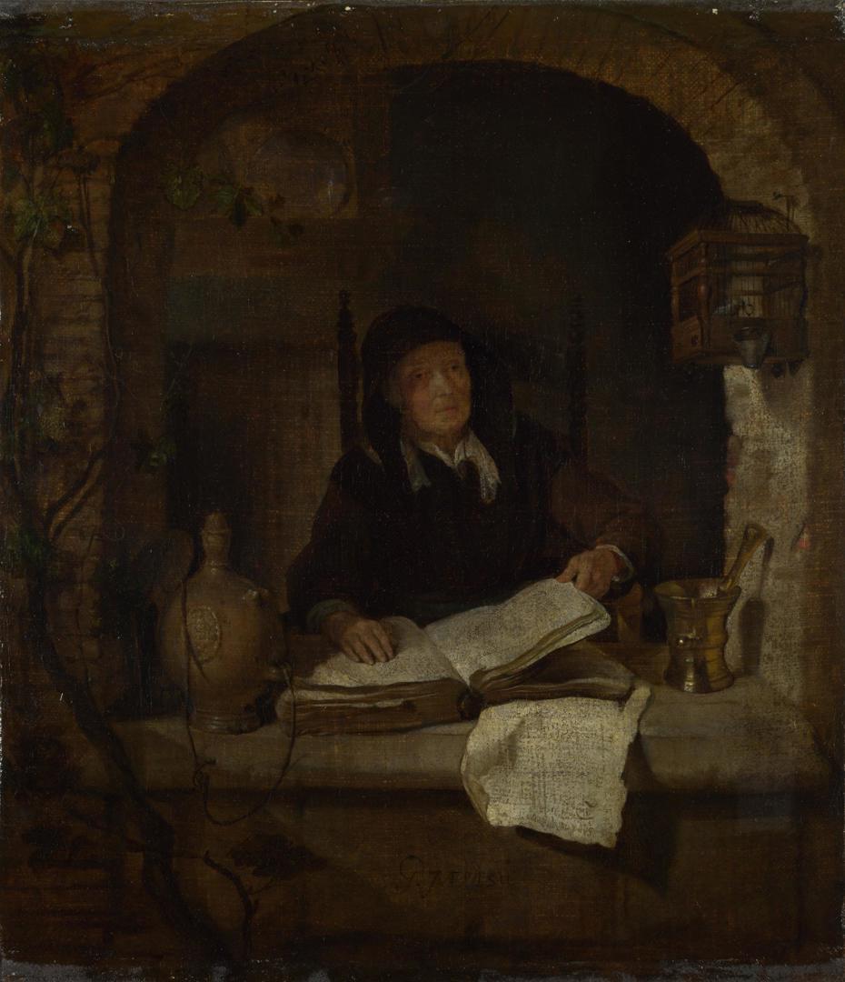 An Old Woman with a Book by Gabriel Metsu