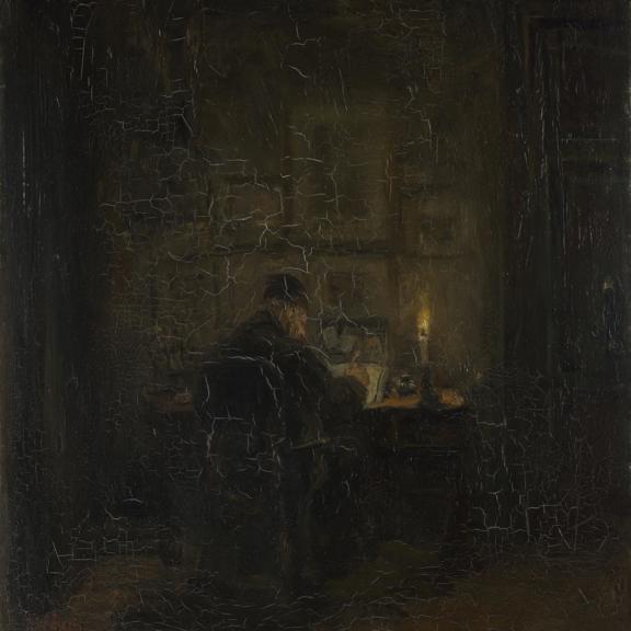 An Old Man writing by Candlelight