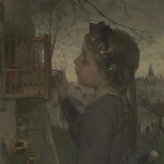 A Girl feeding a Bird in a Cage