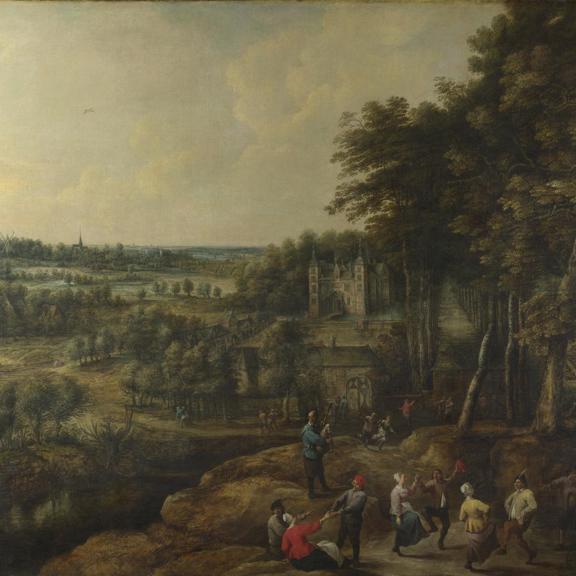 Peasants merry-making before a Country House