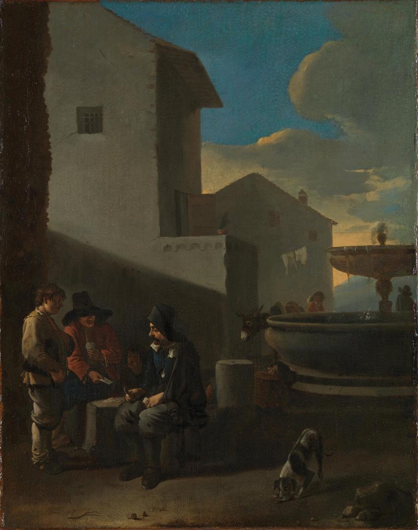 Roman Street Scene with Card Players by Possibly by Jan Lingelbach