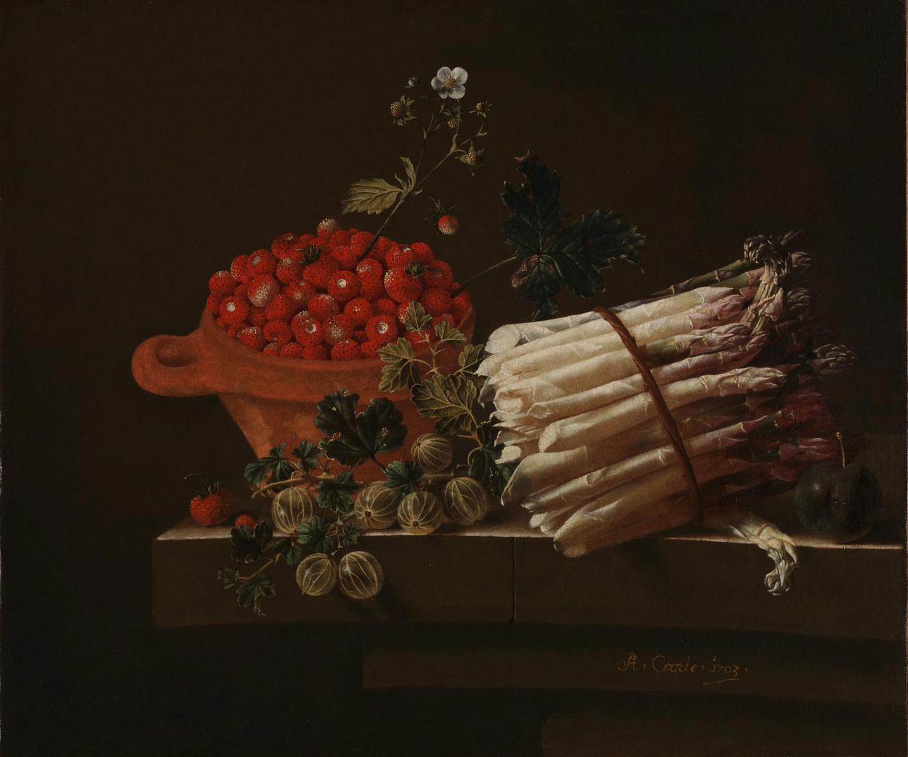 Still Life with Strawberries, Gooseberries and Asparagus by Adriaen Coorte