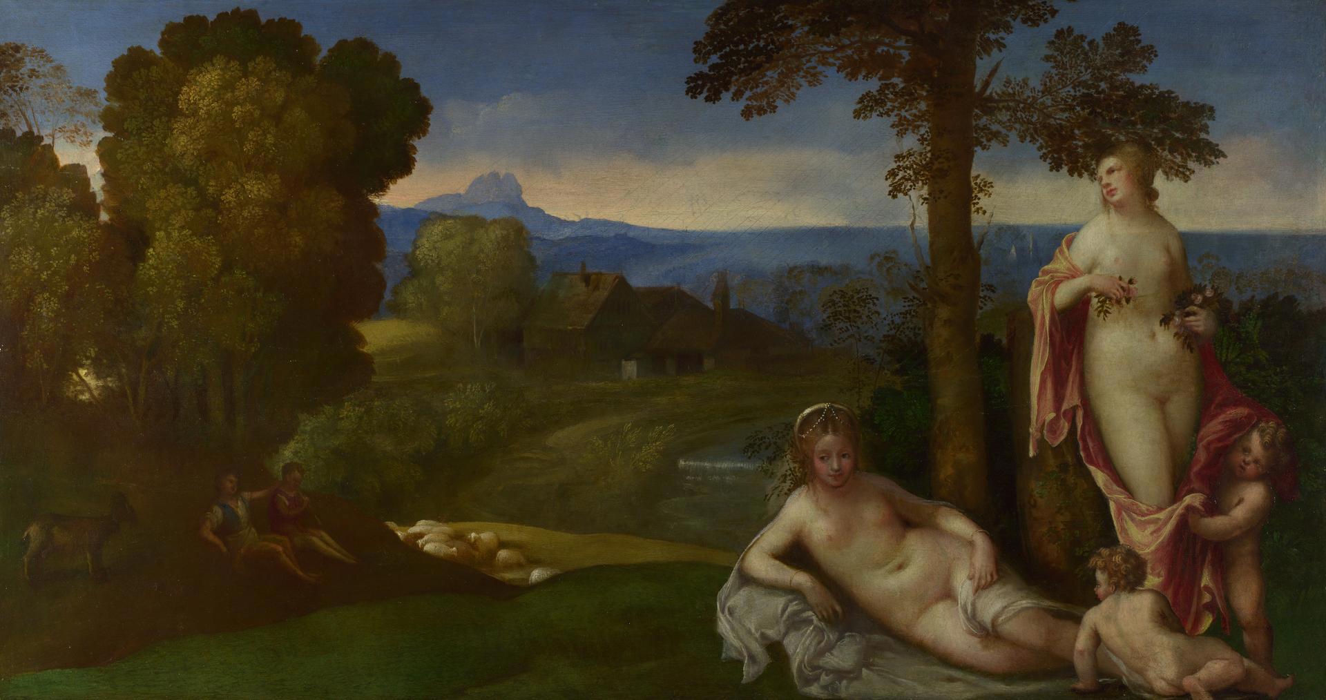 Nymphs and Children in a Landscape with Shepherds by Imitator of Giorgione