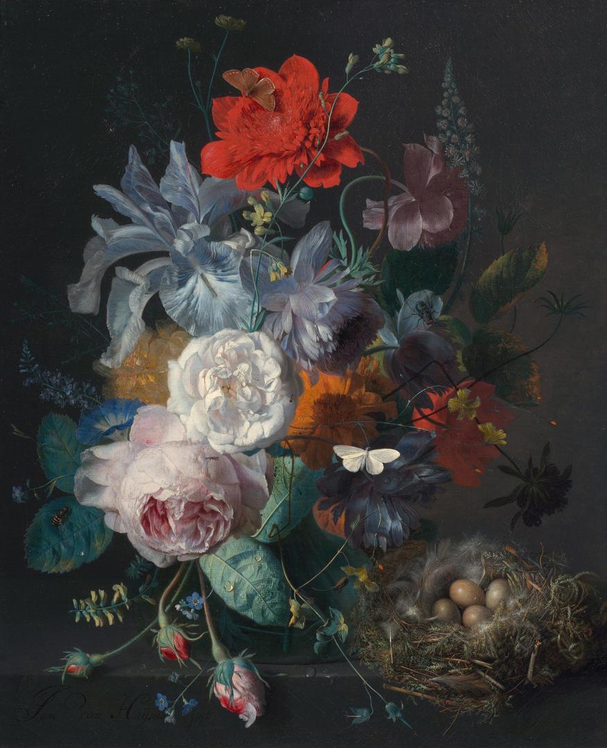 Glass Vase with Flowers, with a Poppy and a Finch Nest by Jan van Huysum