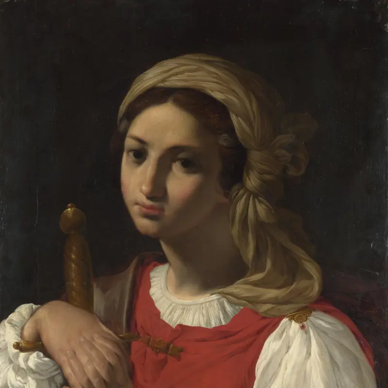 A Female Figure resting on a Sword