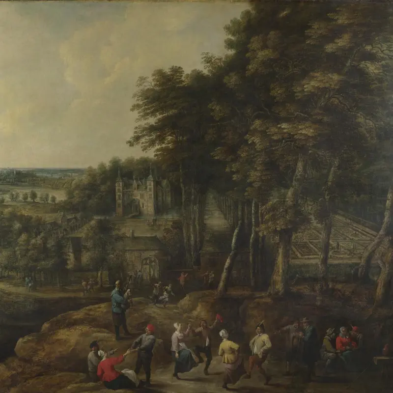 Peasants merry-making before a Country House