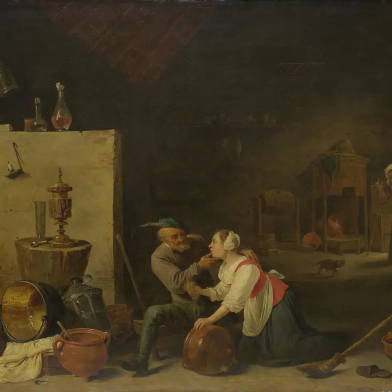 An Old Peasant caresses a Kitchen Maid in a Stable
