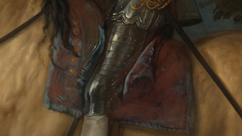 Detail of Anthony van Dyck, 'Equestrian Portrait of Charles I', about 1637-8. Suit of armour leg.