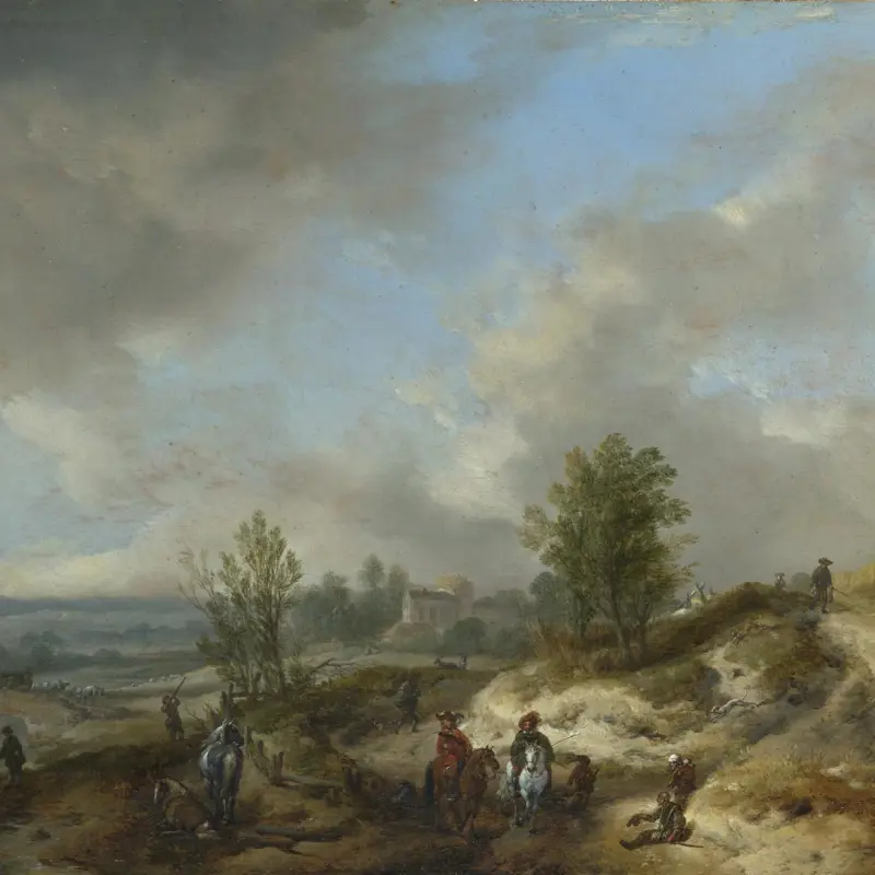 A Dune Landscape with a River and Many Figures