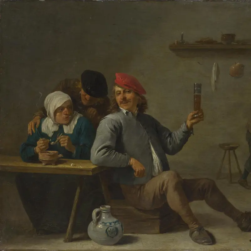 A Man holding a Glass and an Old Woman lighting a Pipe