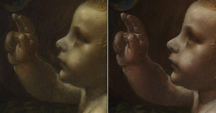 Comparison of the infant Christ in Leonardo's 'The Virgin of the Rocks' before and after cleaning