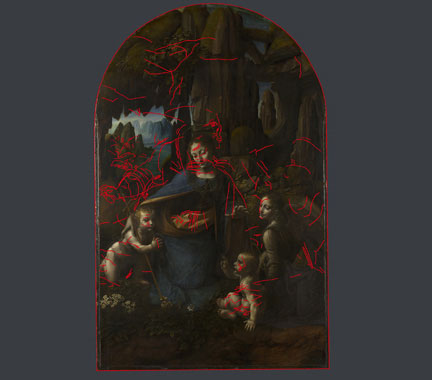Tracing of Leonardo's unused underdrawing for 'The Virgin of the Rocks' superimposed onto an image of the painting