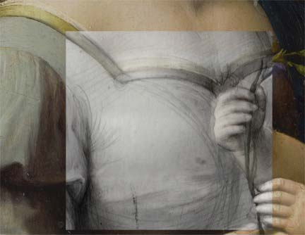 Detail from Raphael, 'The Madonna of the Pinks', showing changes to the underdrawing