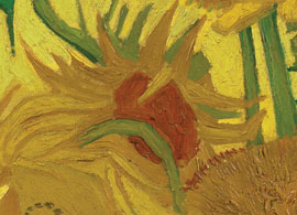 Detail of deep red centre of sunflower on the left in the Amsterdam painting showing the use of a thick translucent glaze paint
