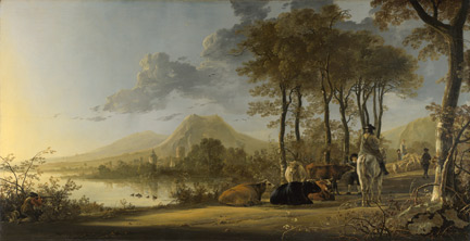 Aelbert Cuyp: 'River Landscape with Horseman and Peasants', about 1658-60