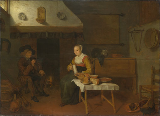 Quiringh van Brekelenkam: 'An Interior, with a Man and a Woman seated by a Fire'