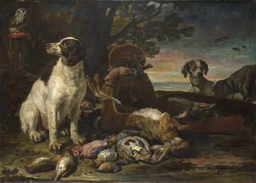 David de Coninck: 'Dead Birds and Game with Gun Dogs and a Little Owl'