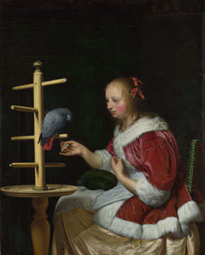 Frans van Mieris the Elder: 'A Woman in a Red Jacket feeding a Parrot'