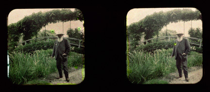 Stereoscopic view of Monet in his garden at Giverny