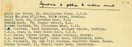 Extract from petition to save concerts, showing names of E. M. Forster and Vaughan Williams