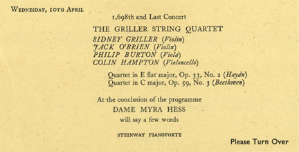Programme from the final Myra Hess wartime concert