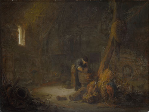 Isack van Ostade: 'The Interior of a Barn with Two Peasants'