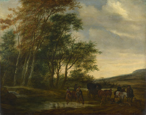 Salomon van Ruysdael: 'A Landscape with a Carriage and Horsemen at a Pool'