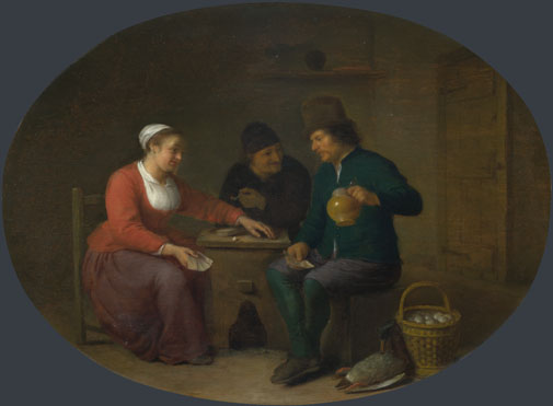 Hendrick Sorgh: 'A Woman playing Cards with Two Peasants'