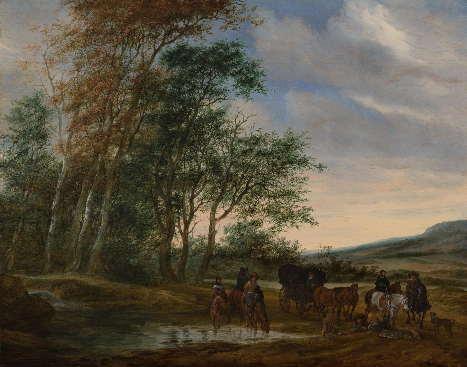 A Landscape with a Carriage and Horsemen at a Pool