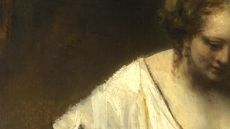 Detail of Rembrandt, 'A Woman bathing in a Stream (Hendrickje Stoffels?)', 1654. Woman's shoulder.