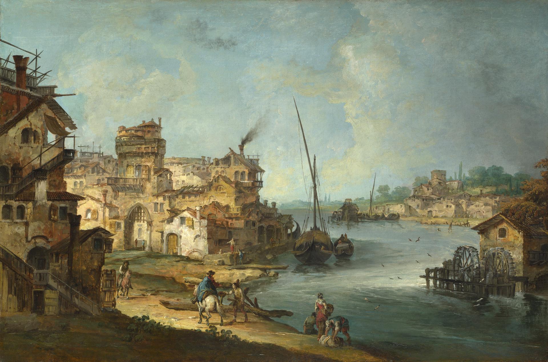 Buildings and Figures near a River with Shipping