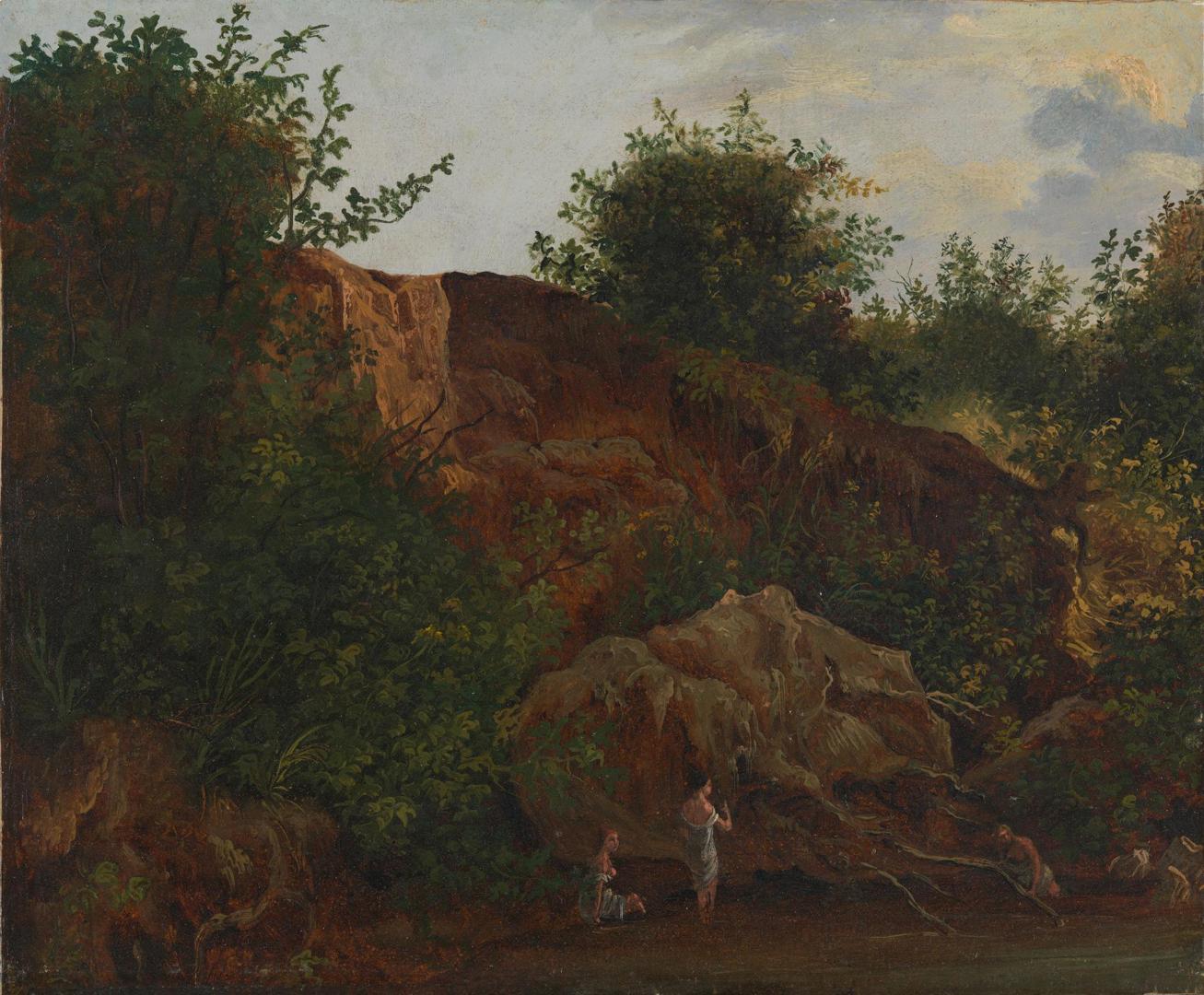 Landscape with Figures bathing by Probably by Johann August Heinrich