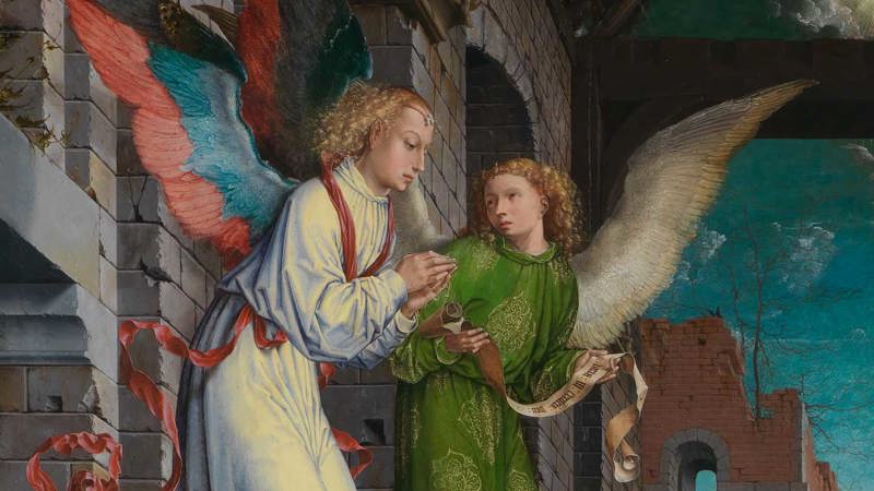 Detail of Jan Gossaert (Jean Gossart), 'The Adoration of the Kings', 1510–15. Two angels
