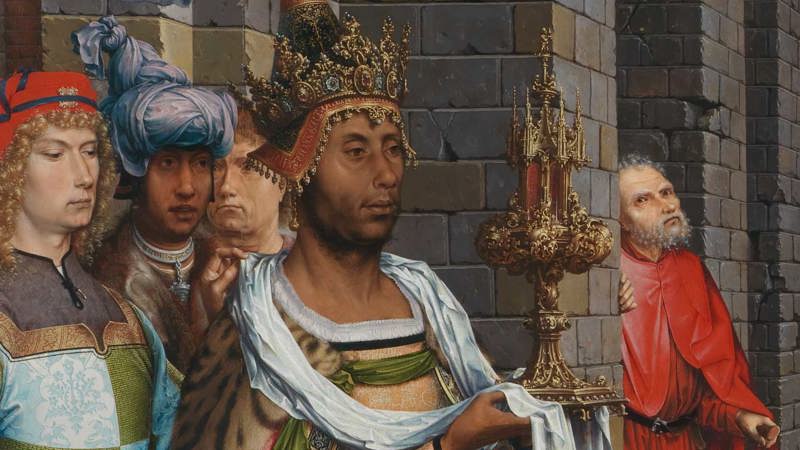 Detail of Jan Gossaert (Jean Gossart), 'The Adoration of the Kings', 1510–15. A man in a crown.